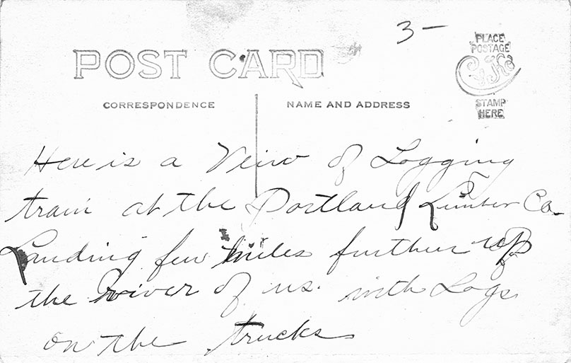 Postcard - Verso: Railroad car with logs