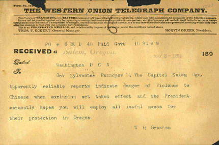 Telegram to Oregon's governor regarding the Chinese exclusion act