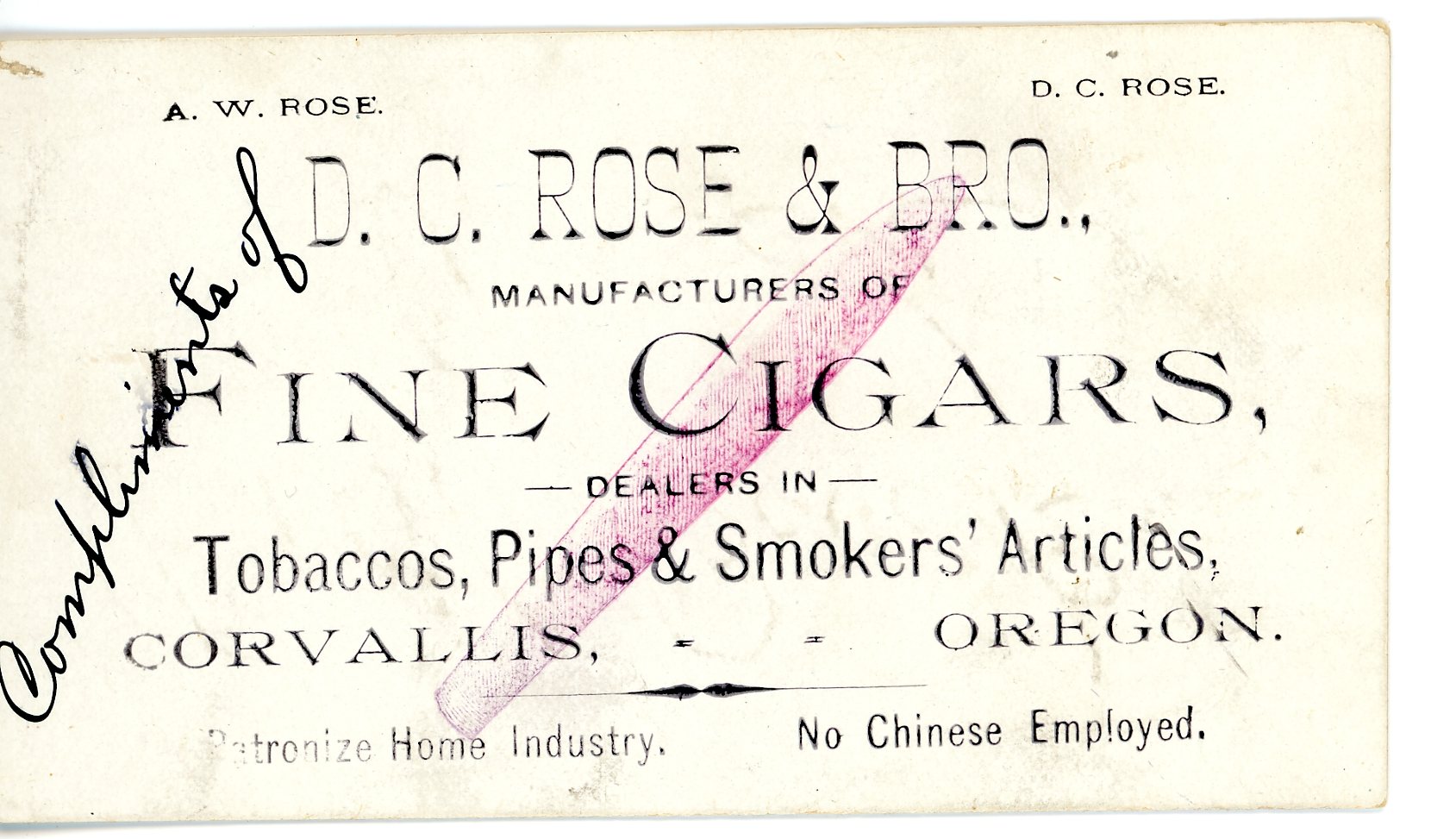 D. C. Ros"Telegram to Oregon's governor regarding the Chinese exclusion act"e & Brother Trade Card