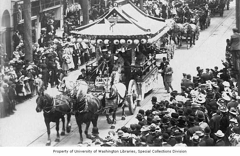 Horse drawn Japanese float in Portland Rose Festival parade, Portland, Oregon, 1908