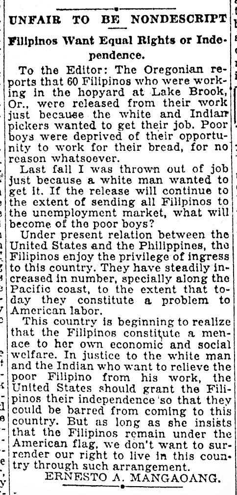 "Filipinos Want Equal Rights or Independence" Oregonian"